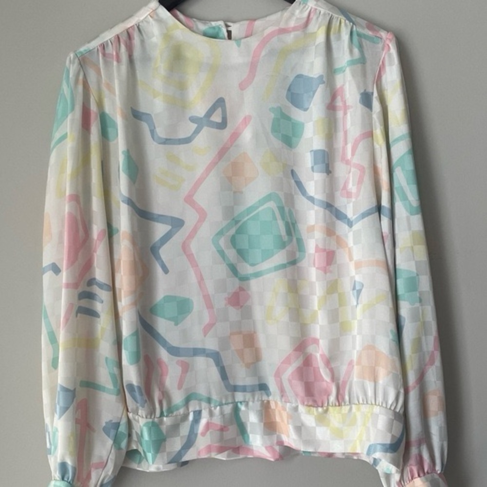 Vintage 80s Pastel Geometric Check Print Long Sleeve Satin Blouse